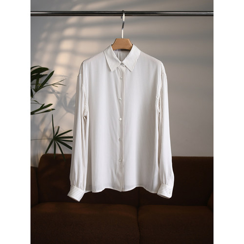 【颖颖家】品控入~重磅建宏绉真丝断点竖条纹颗粒感长袖衬衫W2083