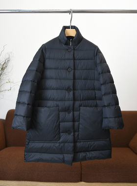 颖颖家 超轻白鹅绒双层防钻绒内胆立领大口袋中长款羽绒服 W1491