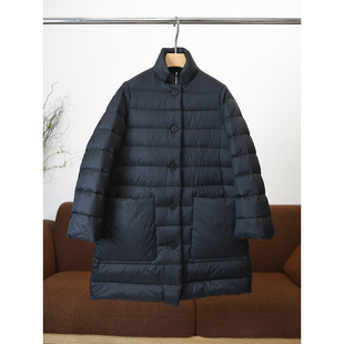 颖颖家 超轻白鹅绒双层防钻绒内胆立领大口袋中长款羽绒服 W1491