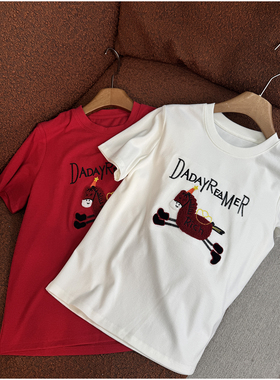 【颖颖家】26年早春美式卡通小马植绒短袖T圆领正肩休闲百搭W1906