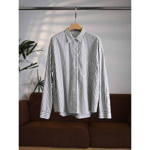 【颖颖家】日系慵懒男友风极简松弛感竖条纹翻领长袖衬衫W2036