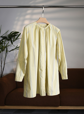 【颖颖家】进口色织棉空气感竖条纹撞色宽松廓版中长款衬衫W2054