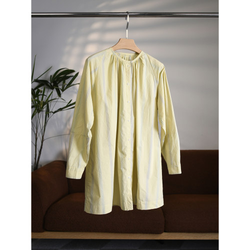 【颖颖家】进口色织棉空气感竖条纹撞色宽松廓版中长款衬衫W2054