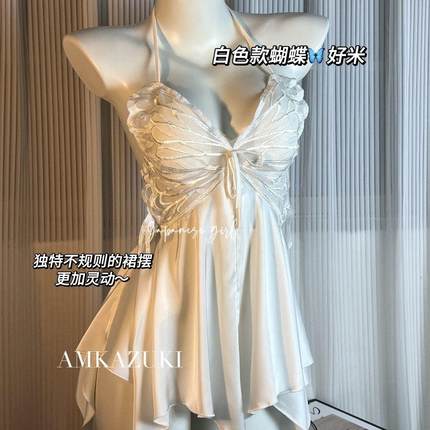 2025新款性感睡裙女款带胸垫吊带睡衣冰丝透视小胸情调睡衣蝴蝶结