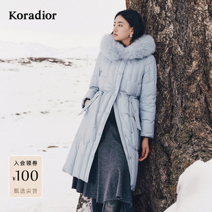 【花瓣羽绒】珂莱蒂尔2025冬新款狐狸毛领束带沙漏收腰过膝羽绒服