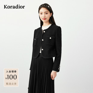 珂莱蒂尔冬季名媛香风短款羊毛呢外套女气质法式粗花呢上衣