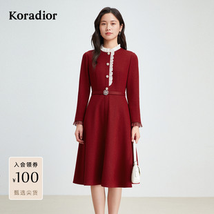 珂莱蒂尔秋冬法式复古气质浪漫玫瑰系红色A字连衣裙女中长款