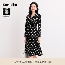 珂莱蒂尔早秋创研醋酸优雅蝴蝶印花V领长袖连衣裙女