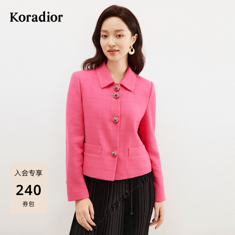 Koradior珂莱蒂尔西装领短款呢大衣单排扣拼接设计外套