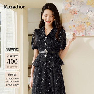 珂莱蒂尔港风法式复古波点减龄泡泡袖系带收腰雪纺衬衫夏季款