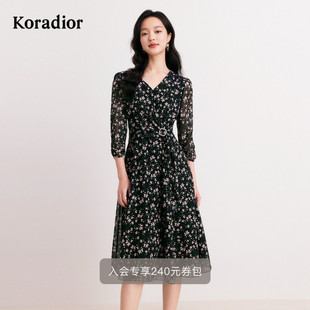 女 A字连衣裙中长款 珂莱蒂尔早秋时尚 优雅黑色印花七分袖