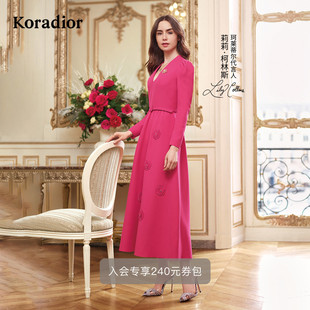 长款 珂莱蒂尔冬气质玫瑰系羊毛呢浪漫优雅修身 连衣裙 明星同款