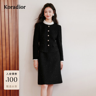 珂莱蒂尔冬季气质名媛香风棉毛混纺连衣裙女修身显瘦假两件套裙装