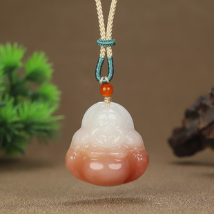 和田玉佛公吊坠藕粉色玉佛挂件天然玉石桃花酿大肚笑佛弥勒佛玉佩