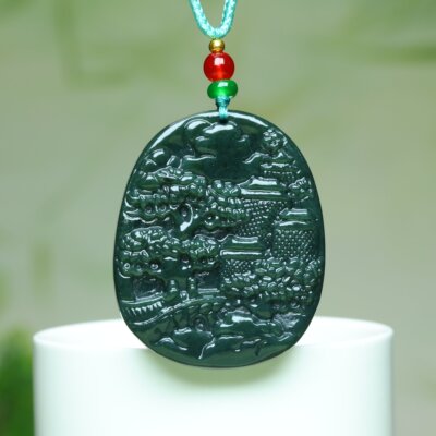 天然和田玉青玉山水牌吊坠