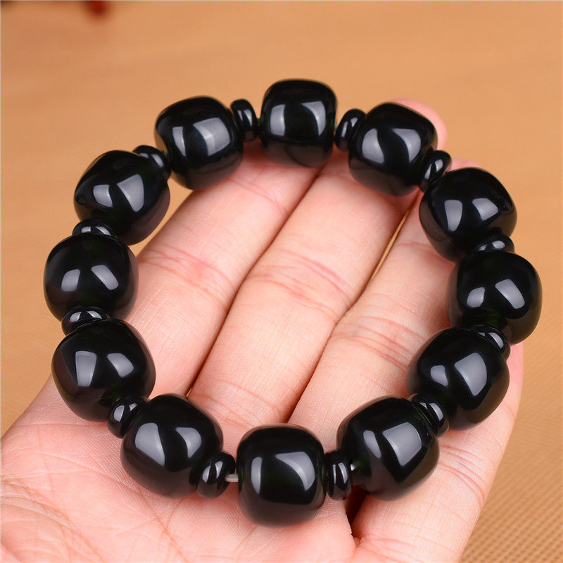 天然新疆黑玉石圆珠手串男女款黑玛瑙单圈手链原石玉佛珠手饰念珠