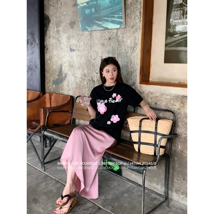 显瘦上衣粉色缎面半裙 Hitian 恬恬郑 印花T恤女圆领百搭夏季 新款