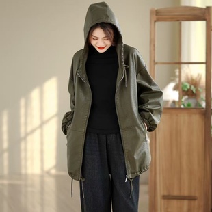 2026年春款皮衣外套女连帽中长款外套上衣宽松休闲韩版外套慵懒风