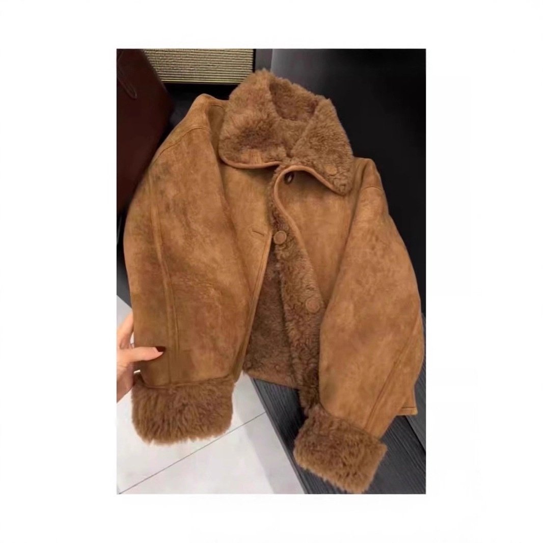 麂皮绒皮毛一体翻领羊羔毛棉服女冬季新款保暖加绒双面穿加厚外套