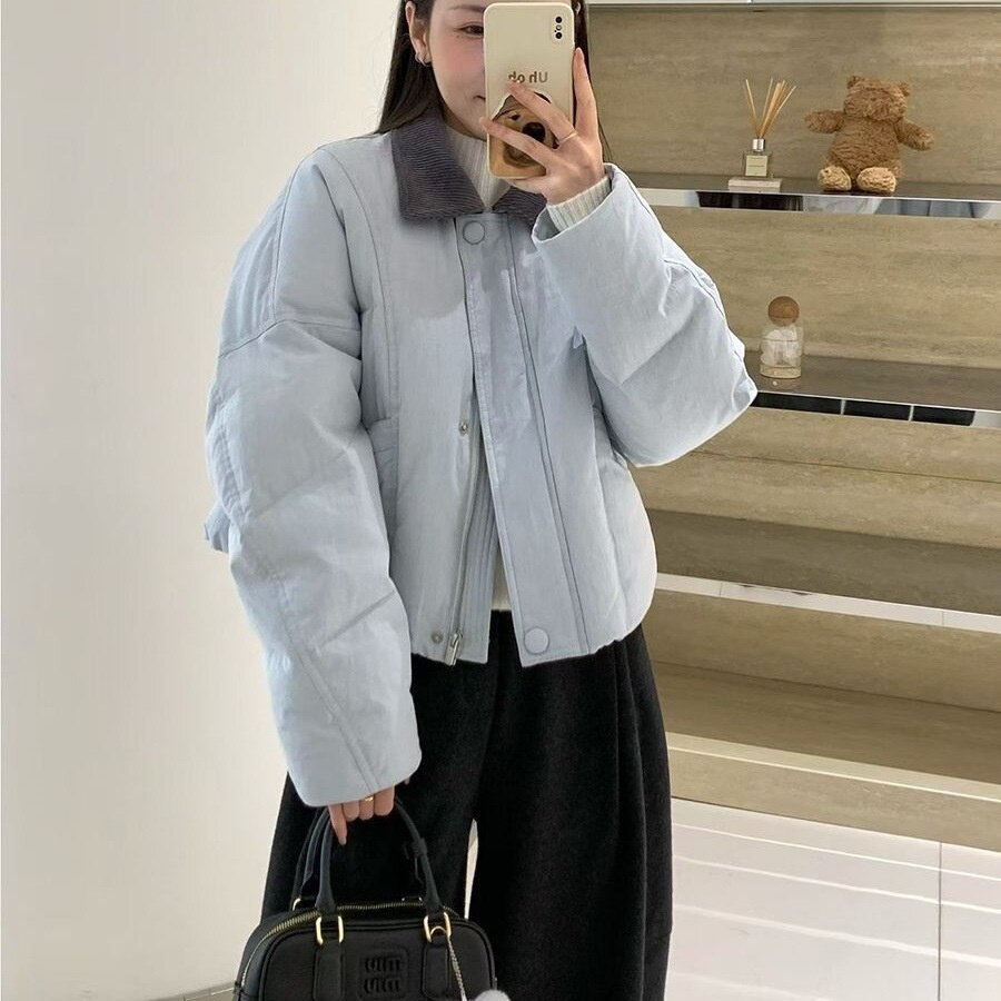 2026年冬季新款学院风拼接领棉服外套女装宽松小个子通勤风外套