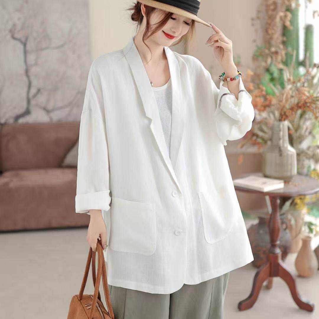 26年春款外套西装长袖女亚麻宽松休闲韩版外套上衣慵懒风外套亲肤
