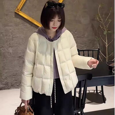 高端方格圆领短款羽绒服女25冬新款轻薄小个子白鸭绒面包服外套女