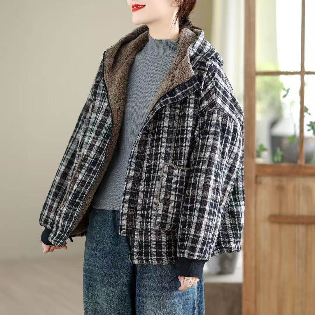 25年冬款棉衣女加绒加厚保暖外套上衣连帽连帽棉袄格子学院风棉袄