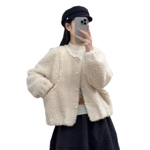 仿羊羔毛短款外套女春季新款圆领开衫保暖上衣环保仿皮草跨境