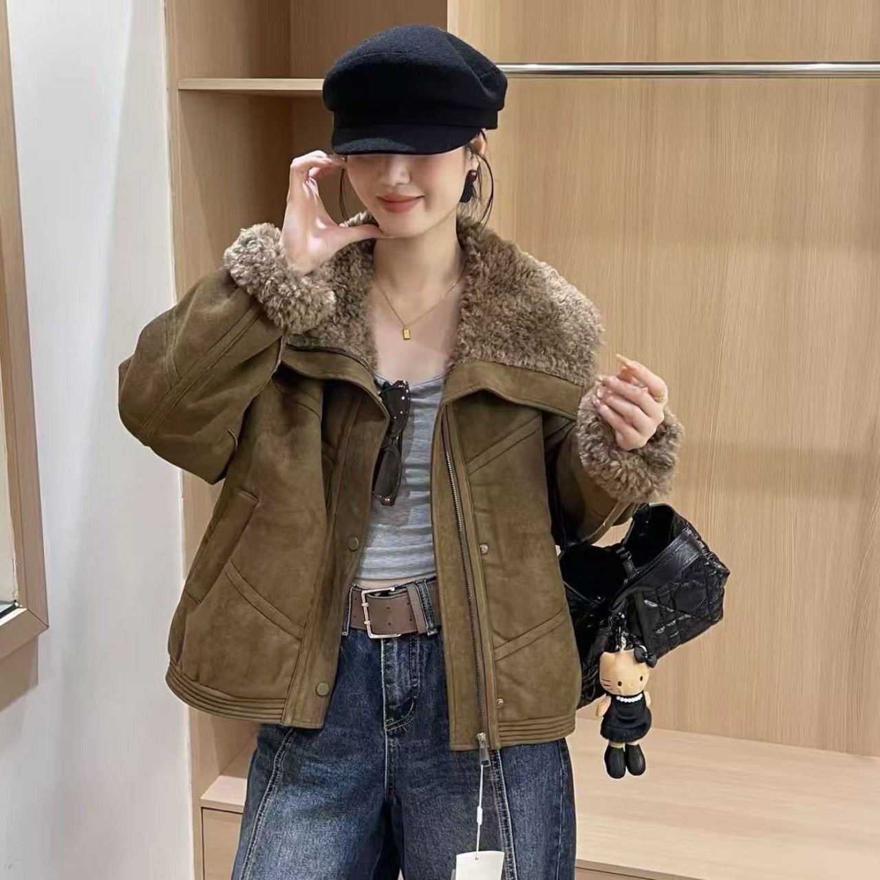 25年冬款外套皮毛一体加厚保暖夹克棉服外套大翻领外套新款麂皮绒