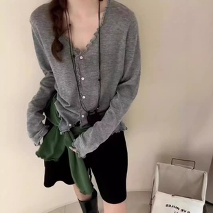 长袖 24年秋款 宽松休闲开衫 女长袖 V领上衣毛衣学院风花边领 针织衫