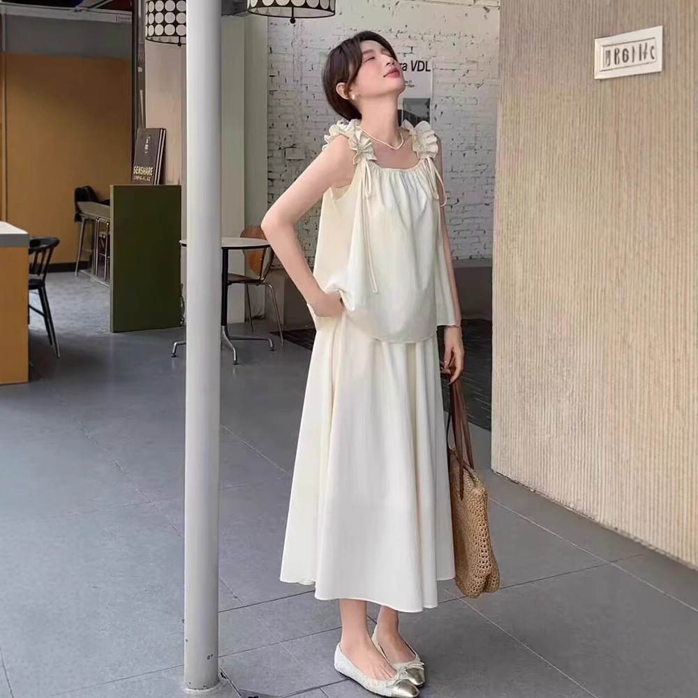 厂家直销韩系减龄套装女夏宽肩带宽松吊带背心+松紧腰半身裙两件