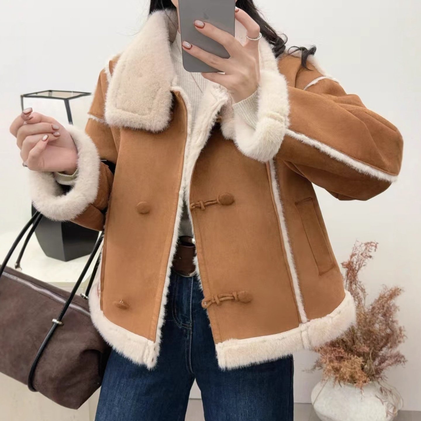 休闲风皮毛一体仿羊羔毛短外套女冬季新款加绒加厚保暖超好看上衣