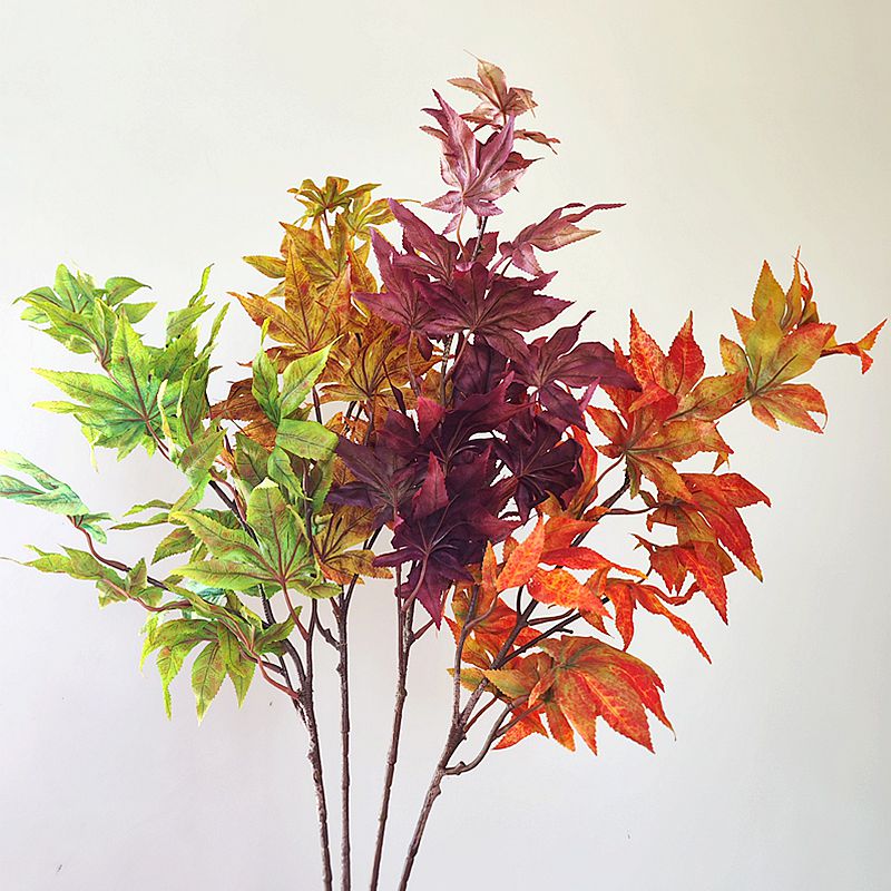 新款3D枫树叶子枝条绿植秋色红黄仿真花装饰摆件槭树会所中式叶材图片