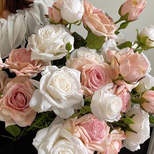 法式仿真花单枝3头焦边玫瑰复古 家居客厅装饰假花干花花束高级感