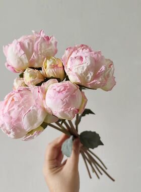 手札7头焦边仿真牡丹芍药花苞花束 样板间软装 春游露营拍照道具