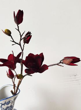 高档仿真花单枝手感绒布暗红玉兰花客厅装饰花艺假花装饰品摆设