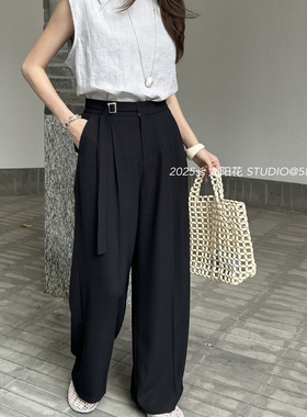 太阳花2025夏季通勤显身材飘带设计感长裤阔腿裤西装裤女63017