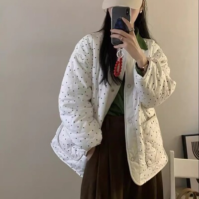 2024冬季新款韩系撞色波点棉服