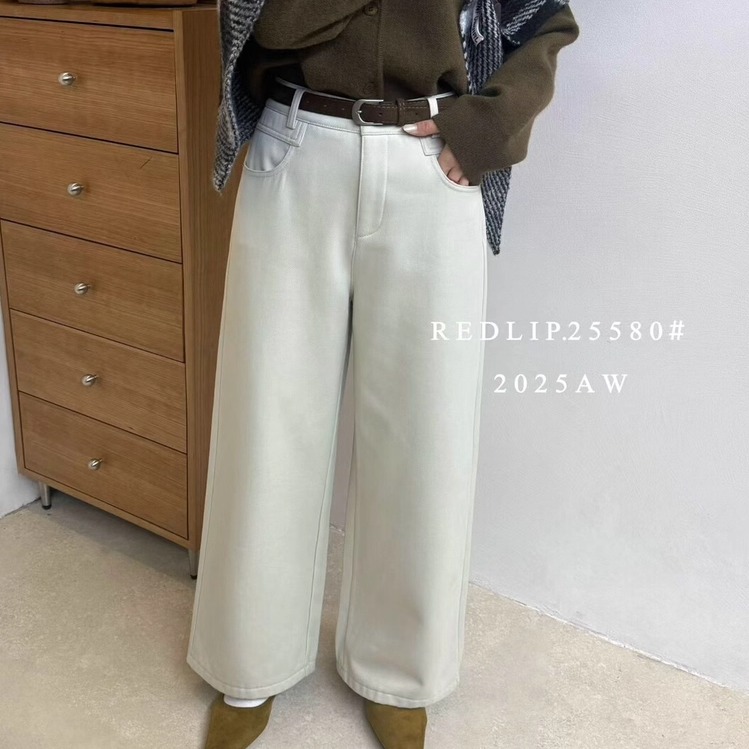 红唇2025冬季加绒直筒休闲裤女