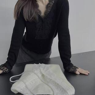 韩货GLOG蕾丝开衫100%纯羊毛打底时尚性感高品质针织全包SW706