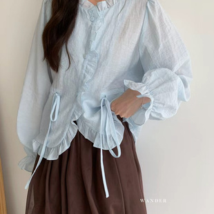 WANDER2026春季亚麻韩系设计师款衬衫女别致蕾丝木耳边小衫35125