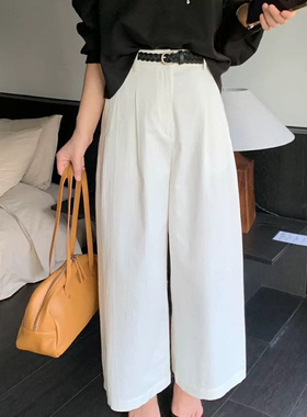 overrich2025夏季韩版百搭半松紧腰法式显瘦直筒阔腿裤女22397