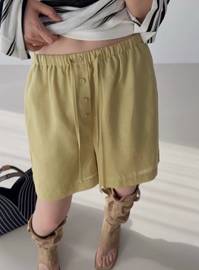 韩货GLOG2026夏季松紧腰休闲显瘦天丝亚麻多纽扣短裤PT310
