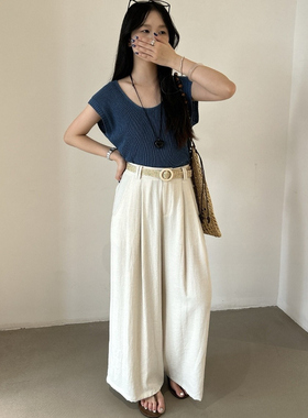 太阳花2025夏季韩系宽松休闲百搭高腰显瘦阔腿裤长裤女58079