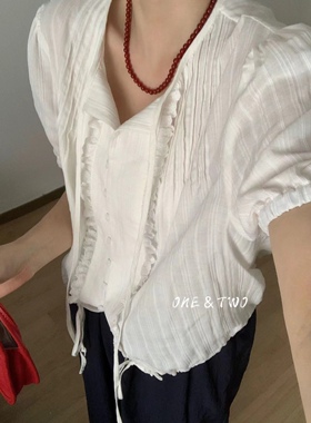 onetwo小众设计感白色系带短袖衬衫女2025夏季通勤百搭上衣31642
