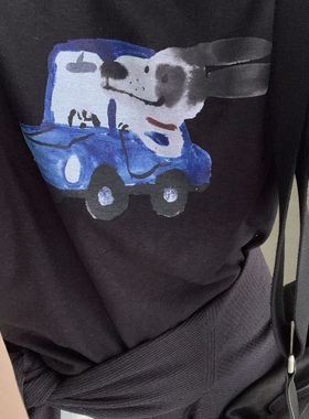 about moon2025夏季复古飙车小狗T棉麻材质T恤女休闲百搭51585