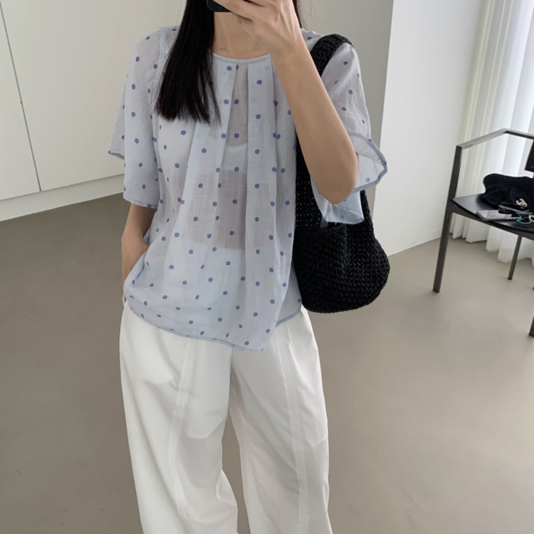 aboutmoon2025夏季麻料圆点小衫