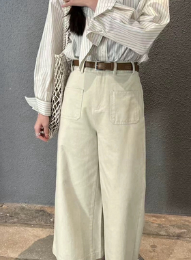 太阳花2025秋季洗水棉百搭前置双口袋九分休闲裤女阔腿韩系58016