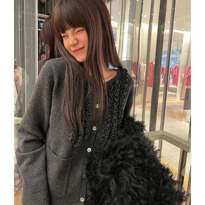 木耳边50%丝光羊毛开衫复古毛衣