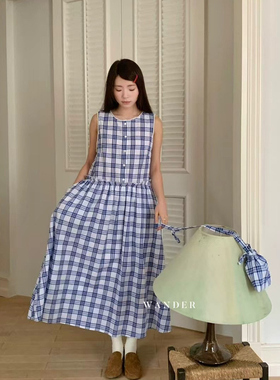 韩货WANDER2025夏季定制面料100%棉可爱格子背心裙带包包35688